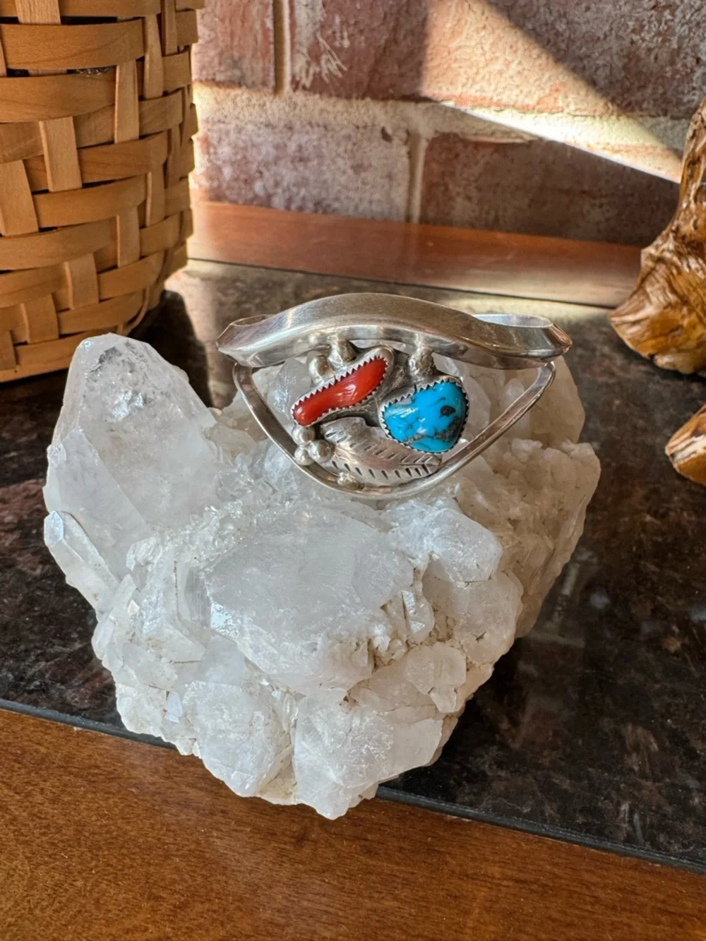 Native American David F Garcia Sterling Silver Turquoise and Coral Cuff Bracelet